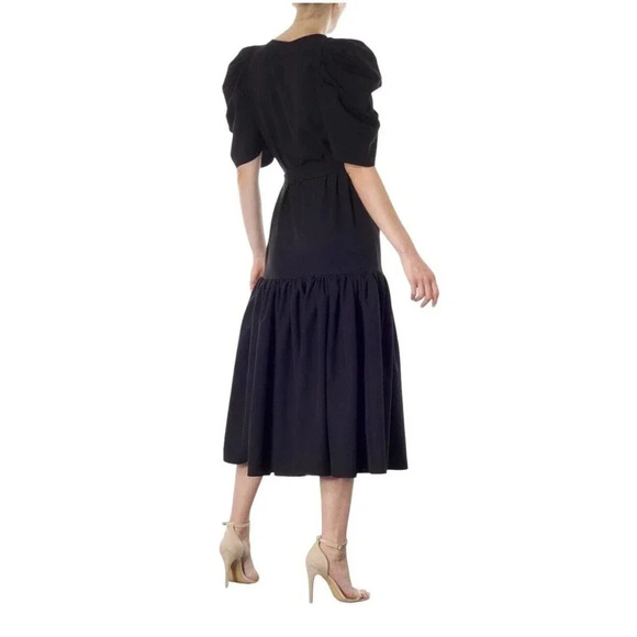 MEEM LABEL Essa Dress Women’s XL Black Crepe Draped Puff Sleeves Boat-neck Midi - Picture 3 of 6